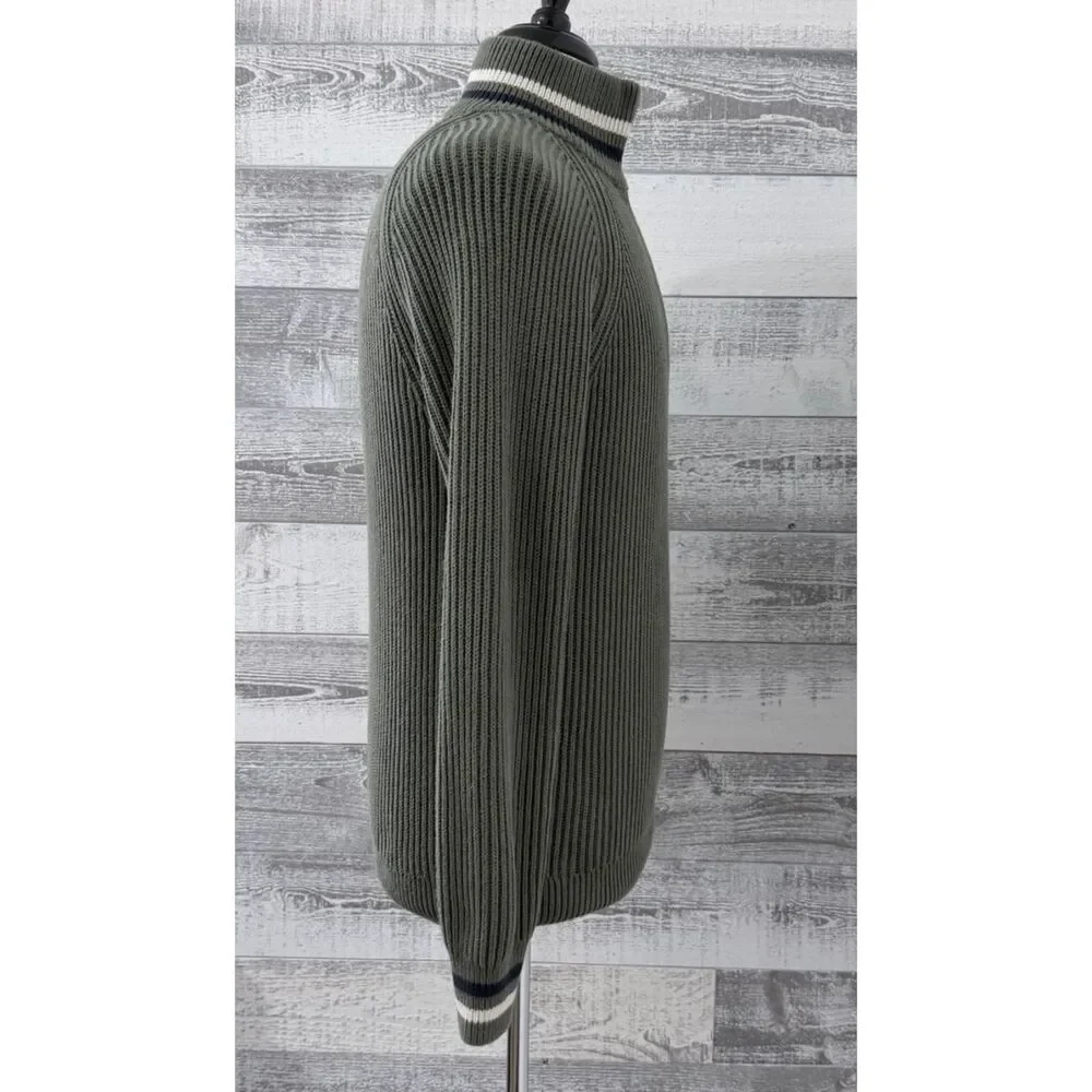 J CREW Knit Sweater Men M Green Ribbed Half-Zip Varsity Stripe Trim Cotton BC592